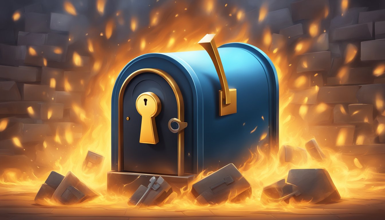 A locked mailbox with a shield around it, surrounded by a wall of fire. A keyhole with a digital lock symbol is visible on the mailbox