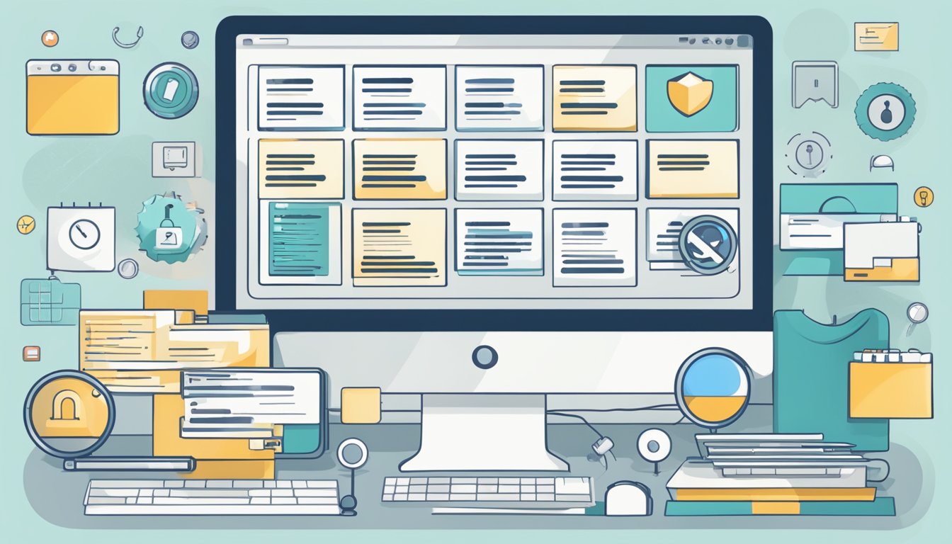 A computer screen displaying a checklist of privacy settings, surrounded by lock icons and a magnifying glass symbolizing regular privacy checkups