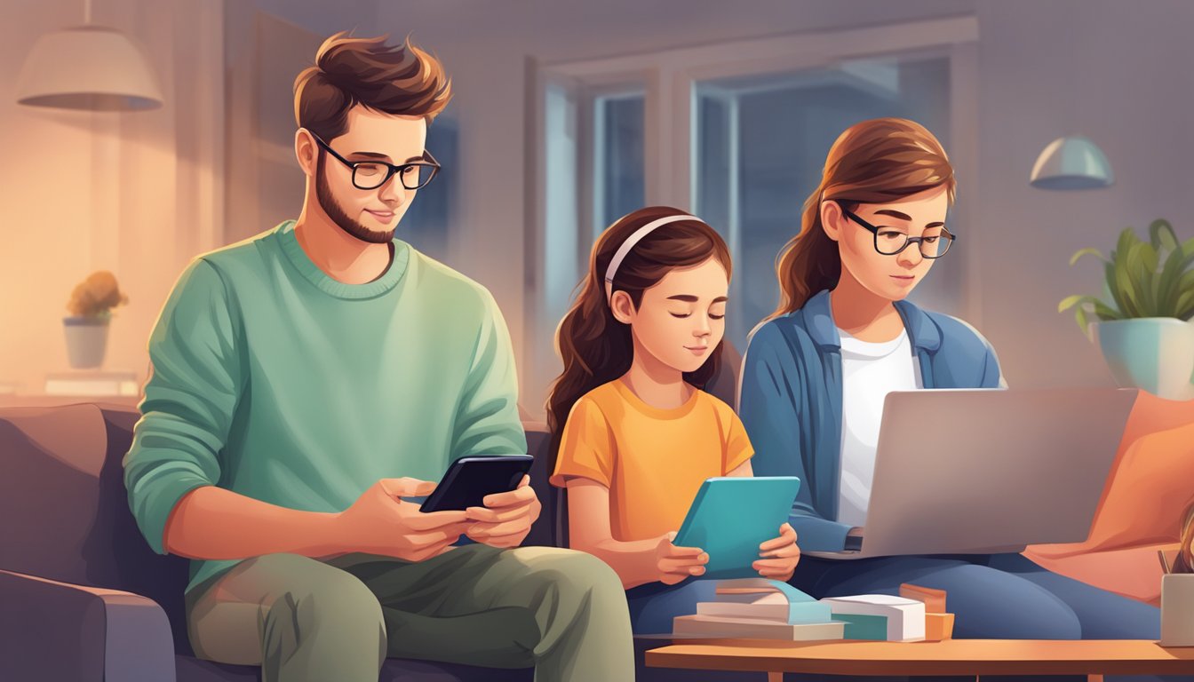 Children and teens confidently using digital devices under the guidance of attentive parents, with safety measures in place