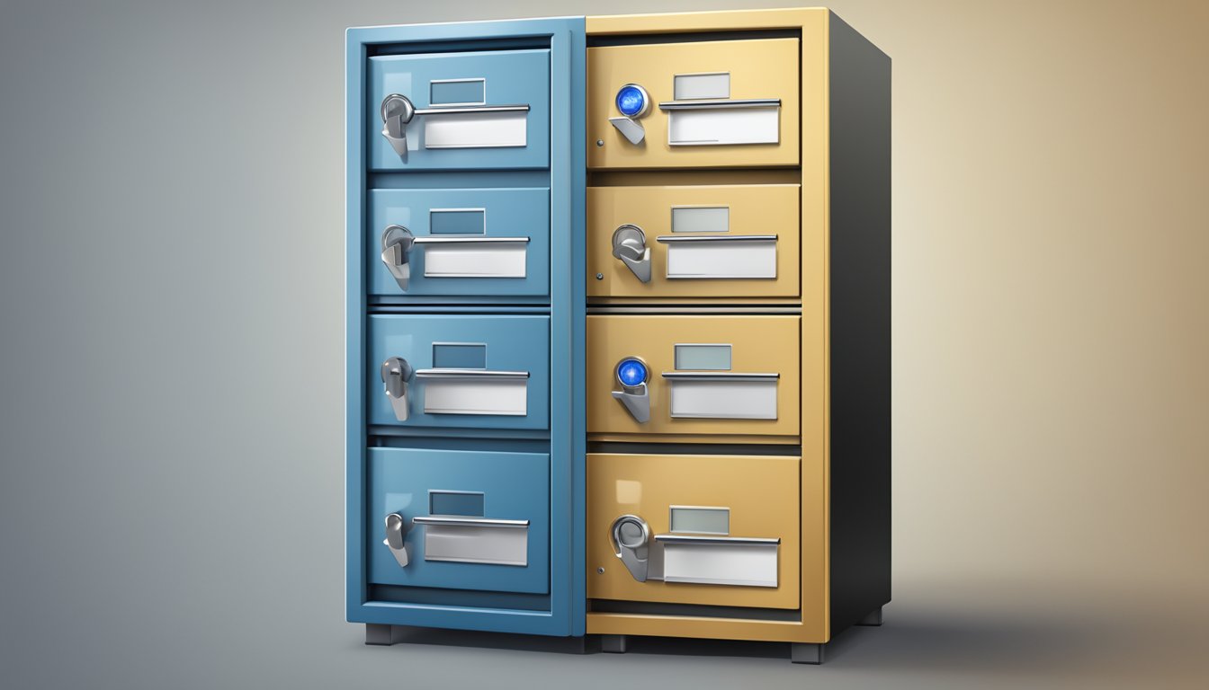 A locked digital file cabinet with labeled folders and a security lock symbol