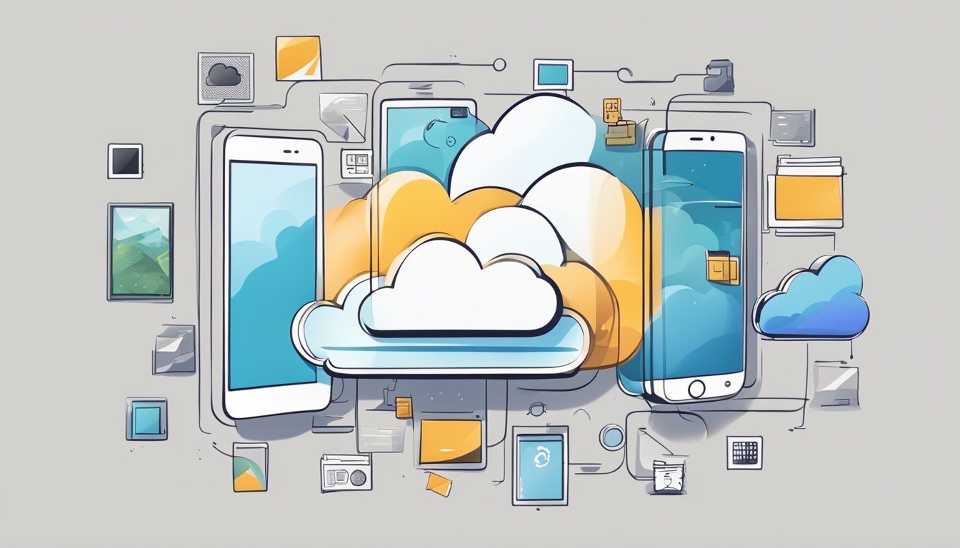 A smartphone with a cloud icon hovering above it, surrounded by various photos and memories floating in the air