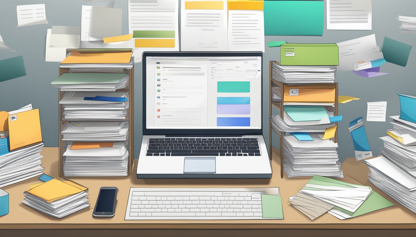 A cluttered desk with overflowing inbox, organized folders, and a clear, empty inbox. Labels and color-coding for efficient email management
