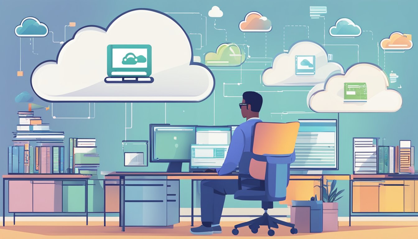 A person sitting at a desk, selecting a cloud backup provider on a computer. A cloud icon hovers above the computer, symbolizing accessibility