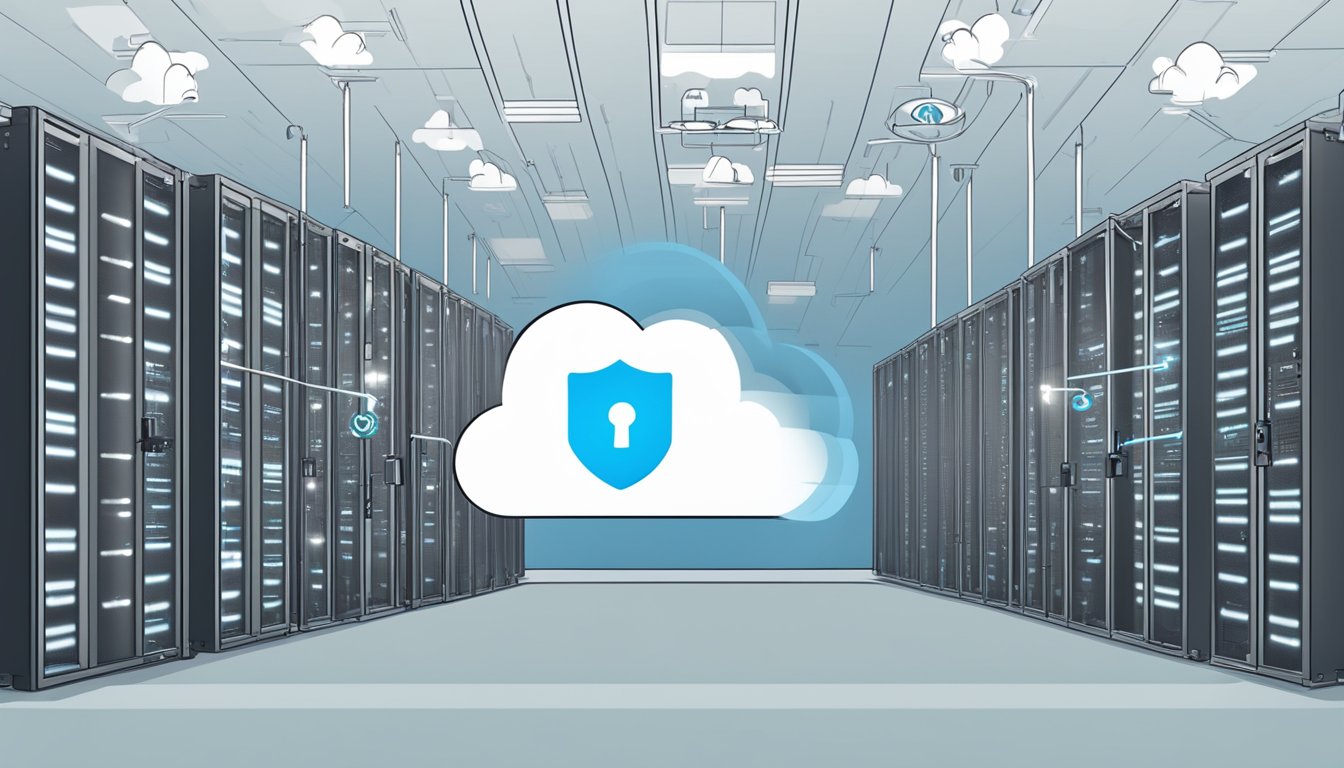 A cloud with a lock symbol hovering over a server rack, connected to multiple devices with arrows indicating backup and accessibility