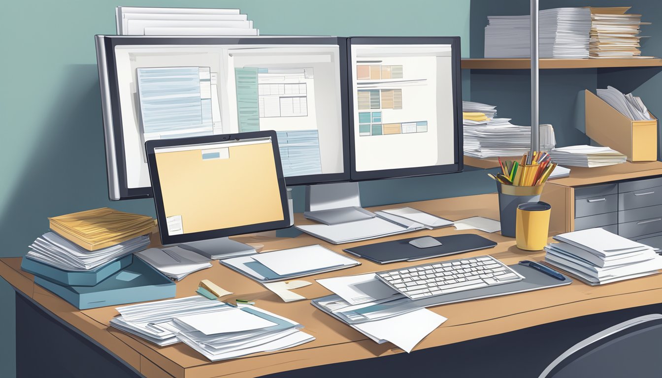 A cluttered desk with scattered papers, folders, and documents. A computer screen displaying a digital filing system with neatly organized files and folders