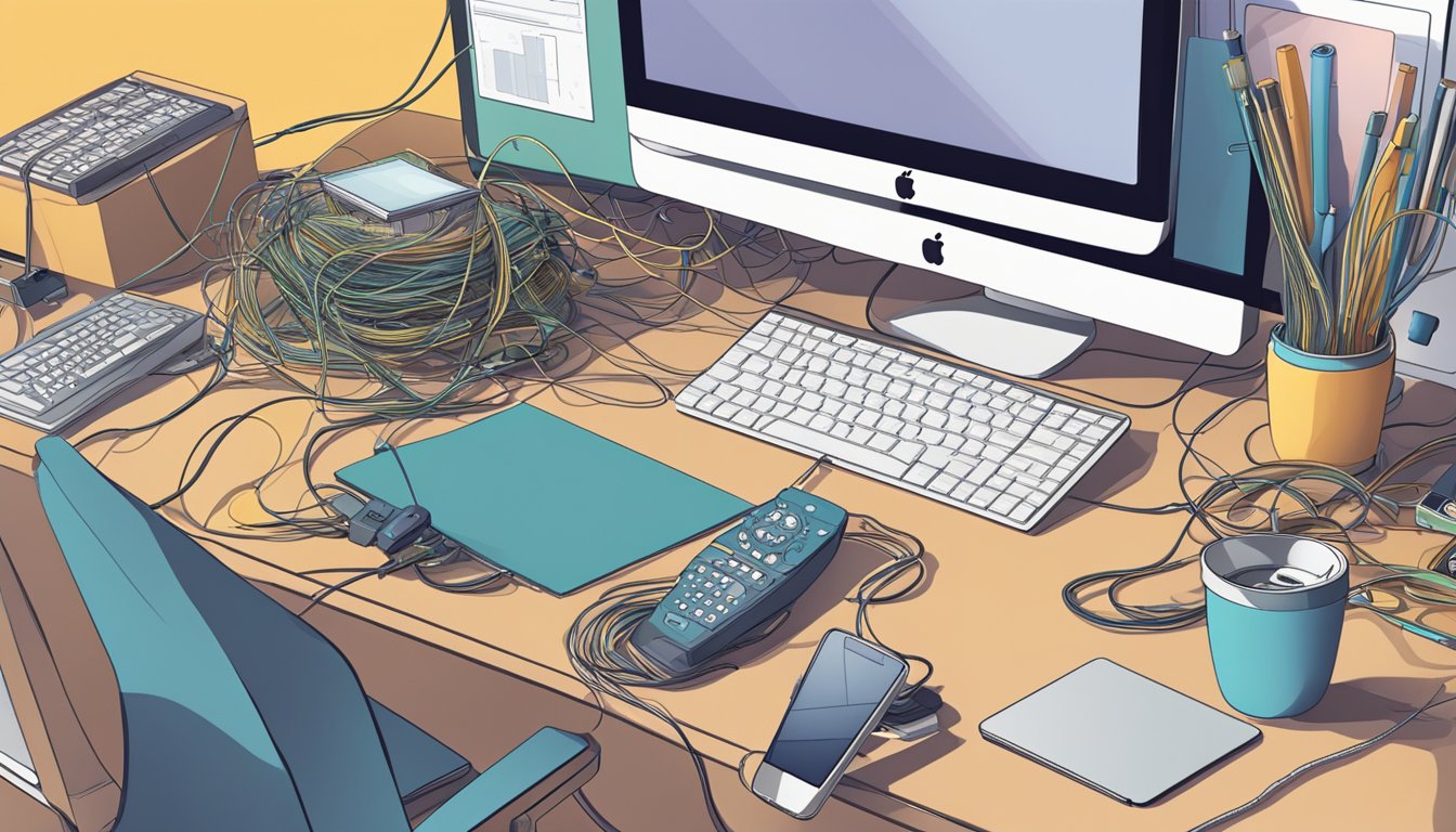 A cluttered desk with tangled cords and scattered digital devices. A hand reaches to untangle the mess, while a computer screen displays a clean, organized desktop