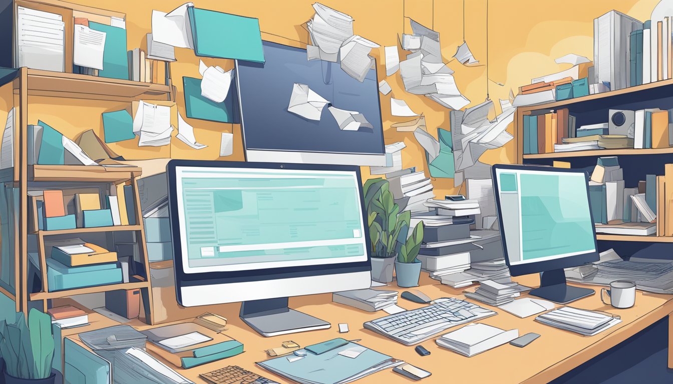 A cluttered digital space with scattered files and folders, a cluttered desktop, and multiple open browser tabs. A sense of chaos and disorganization