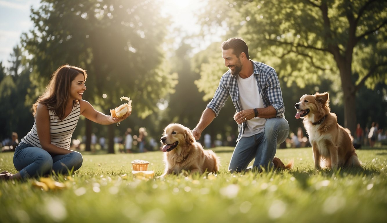 A joyful family picnic with a loyal dog playing fetch in a sunny park