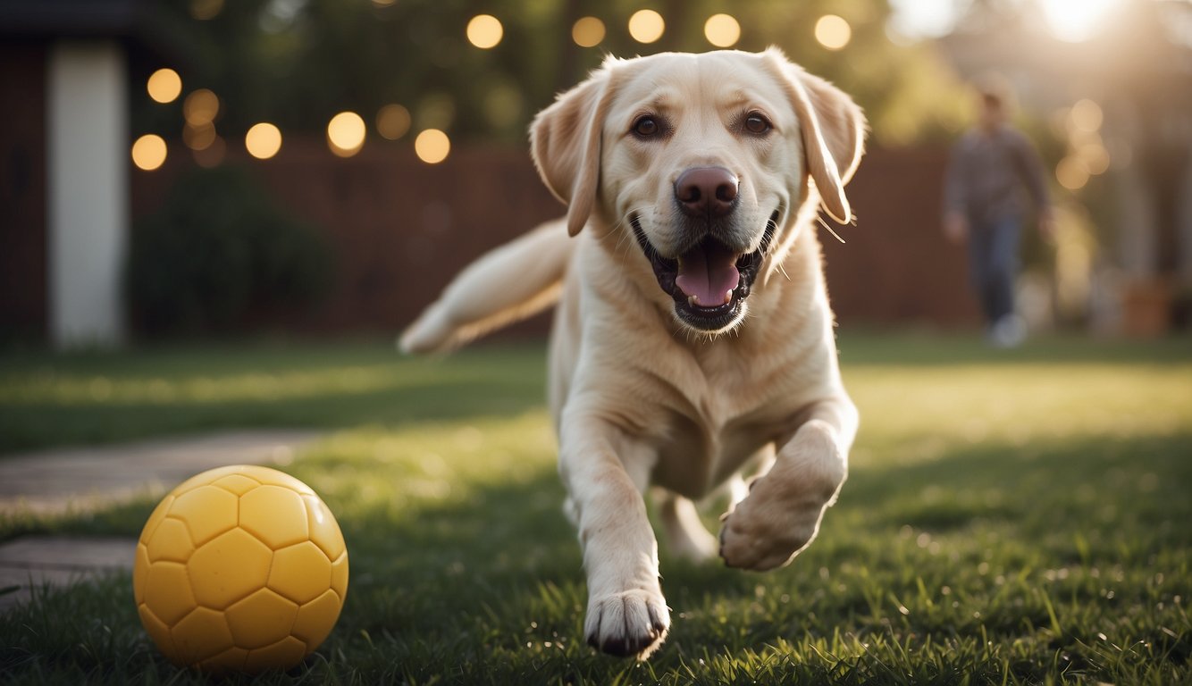 A happy Labrador Retriever playing with a family in a backyard, wagging its tail and fetching a ball