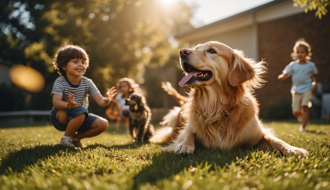 A Golden Retriever plays with children in a sunny backyard