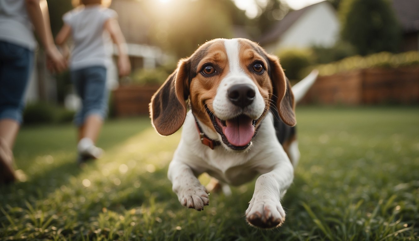 A happy beagle playing with a family in a backyard