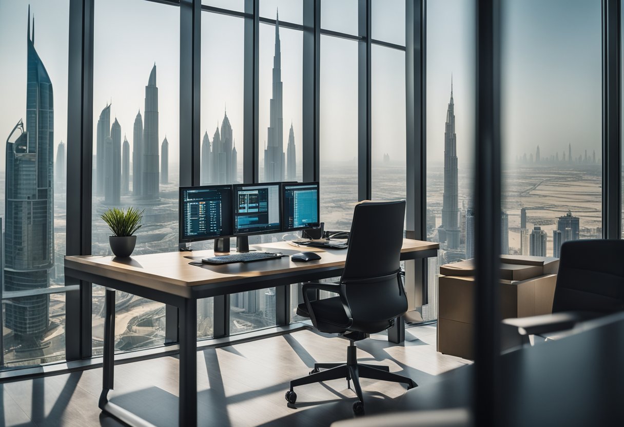 A modern office space in Dubai, with a skyline view. A sleek desk with a computer, paperwork, and a calculator. A cityscape visible through the window