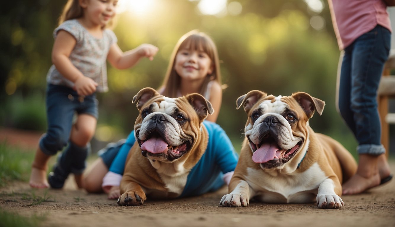 A bulldog sits happily with a family, wagging its tail. A child plays with a toy while the parents pet the dog