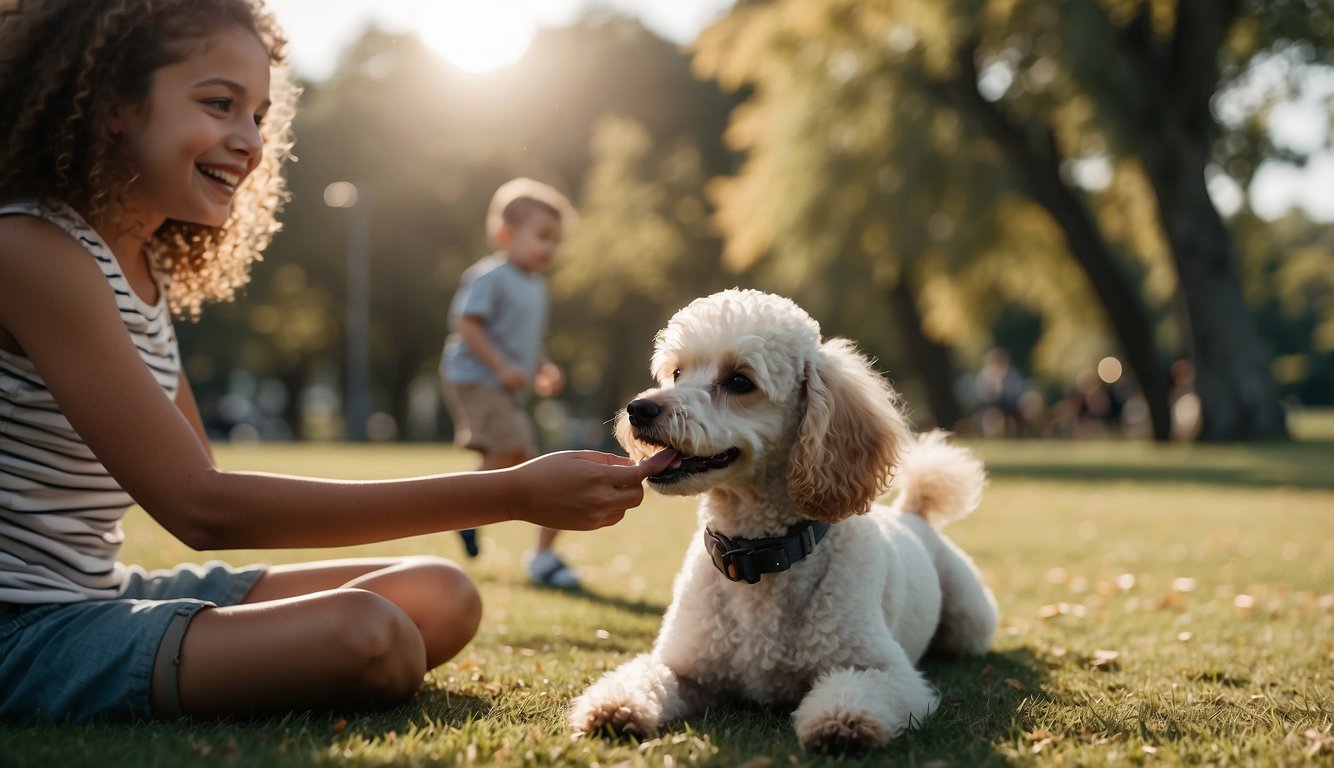 A poodle playing with a family in a park