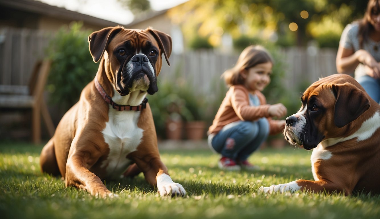 A boxer dog plays with a family in a backyard, wagging its tail and looking affectionately at the children