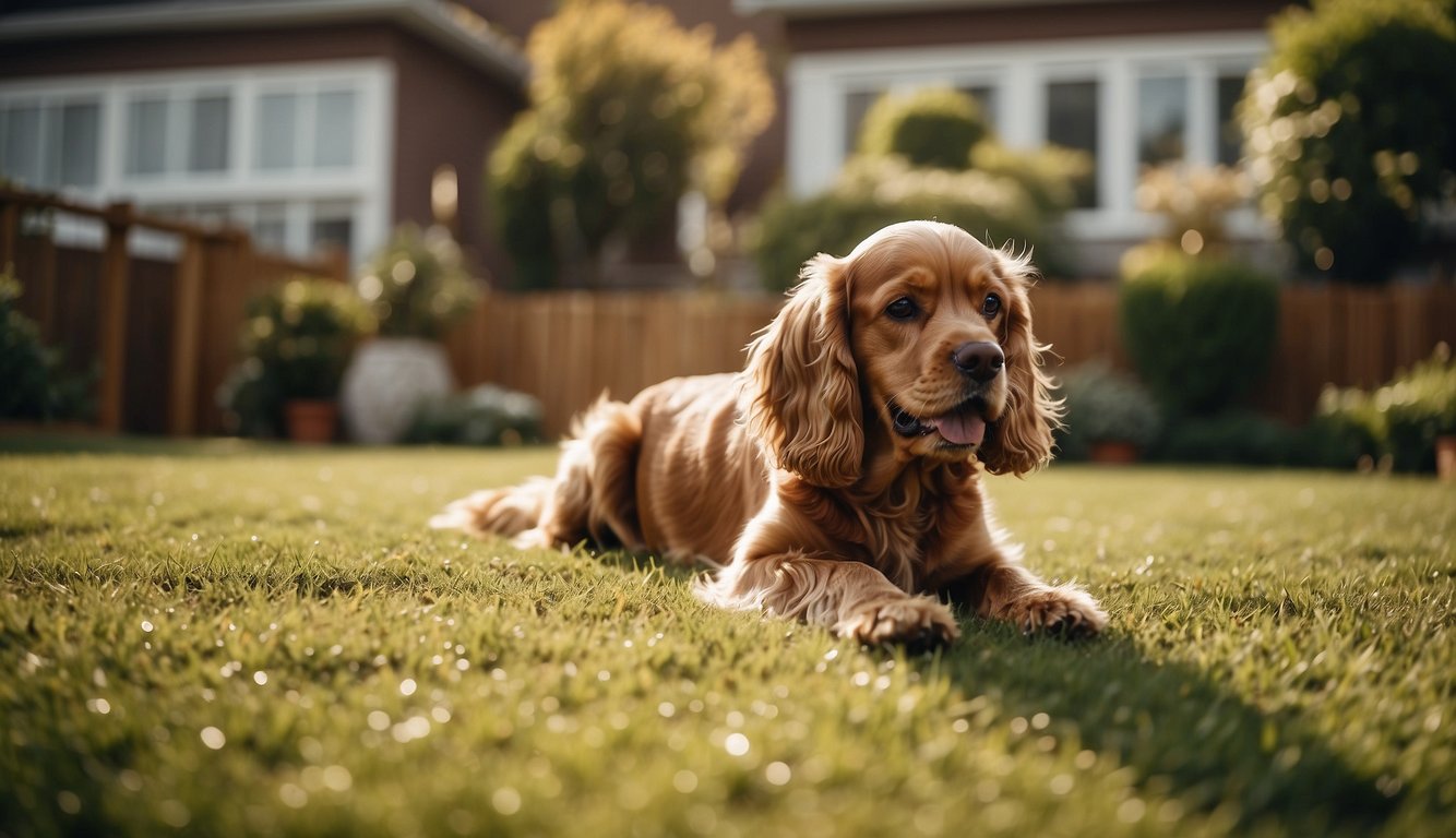 A Cocker Spaniel happily playing with a family in a backyard