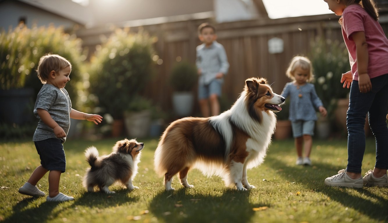 A Shetland Sheepdog playing with children in a backyard, wagging its tail and looking affectionately at the family