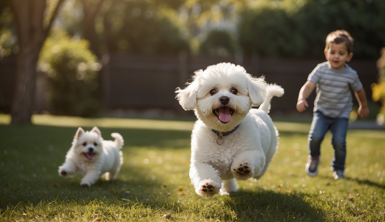 A happy Bichon Frise playing with children in a sunny backyard