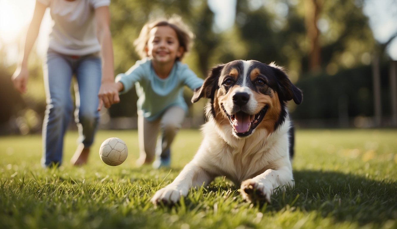A happy family dog playing in the yard with children, wagging its tail and fetching a ball. The family is smiling and bonding with their beloved pet