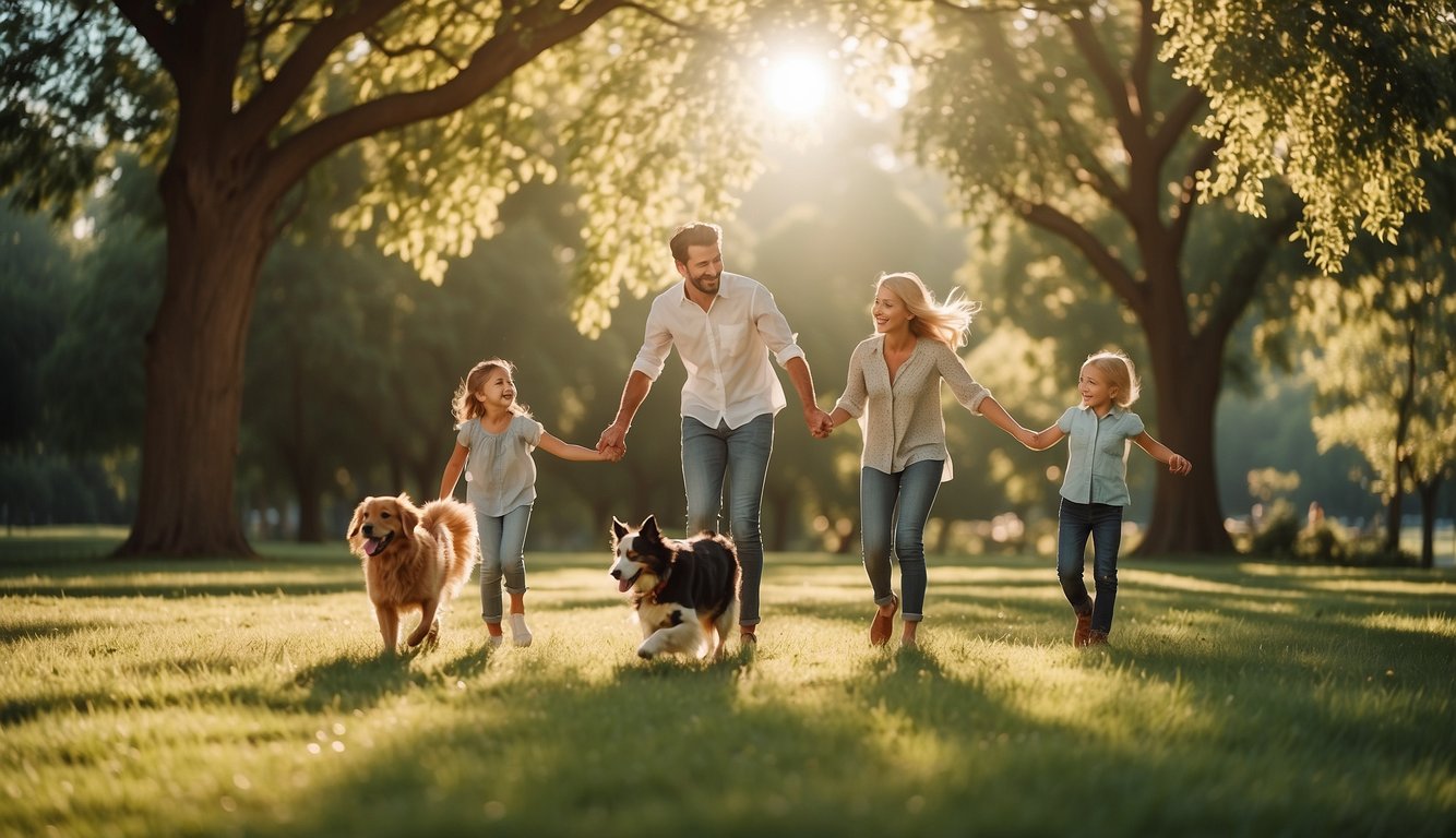 A family of four playing with a friendly dog in a park, surrounded by greenery and sunshine