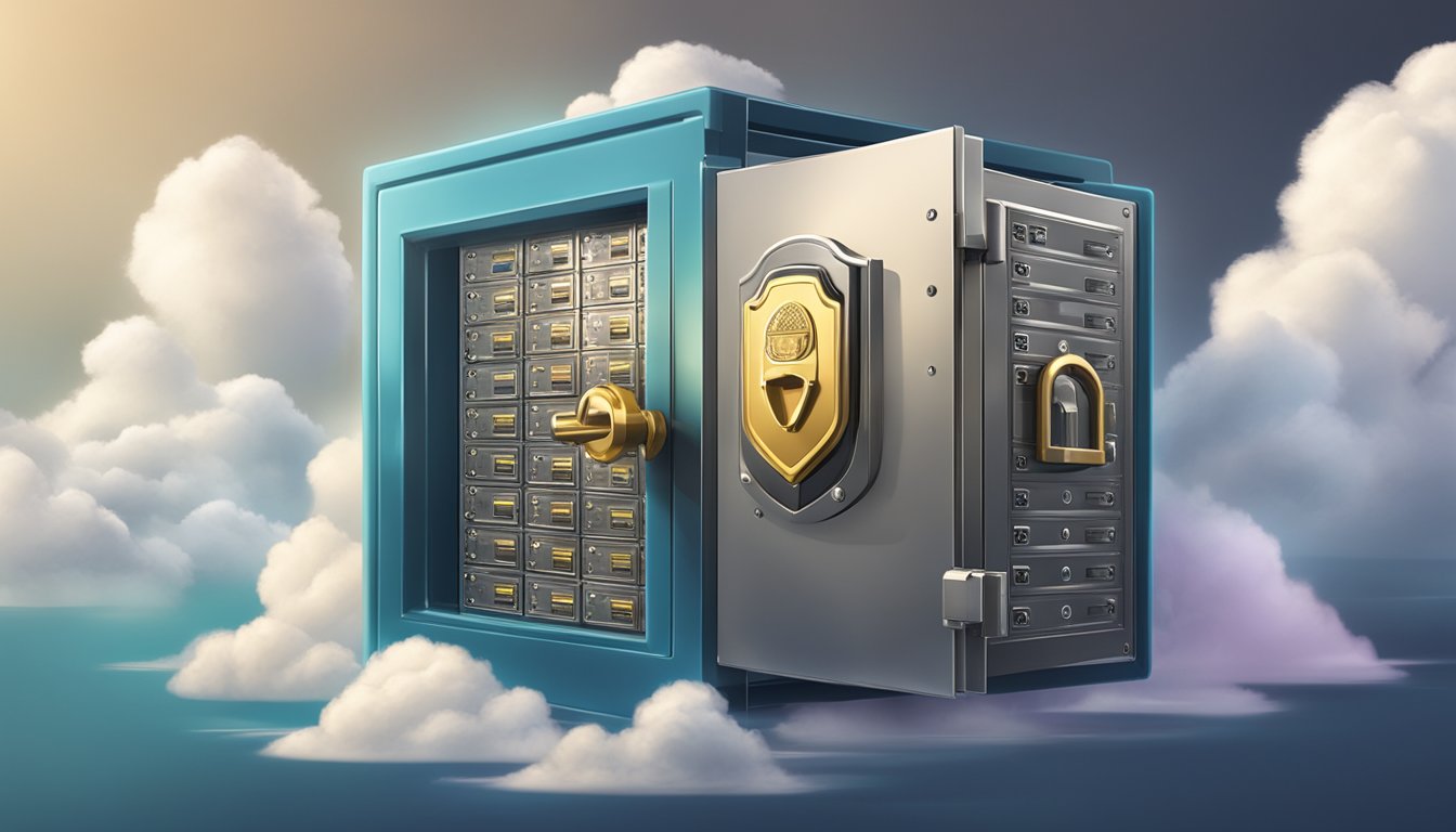 A locked safe with digital files inside, surrounded by a shield symbol and a padlock. A cloud icon hovers above, representing encrypted online storage