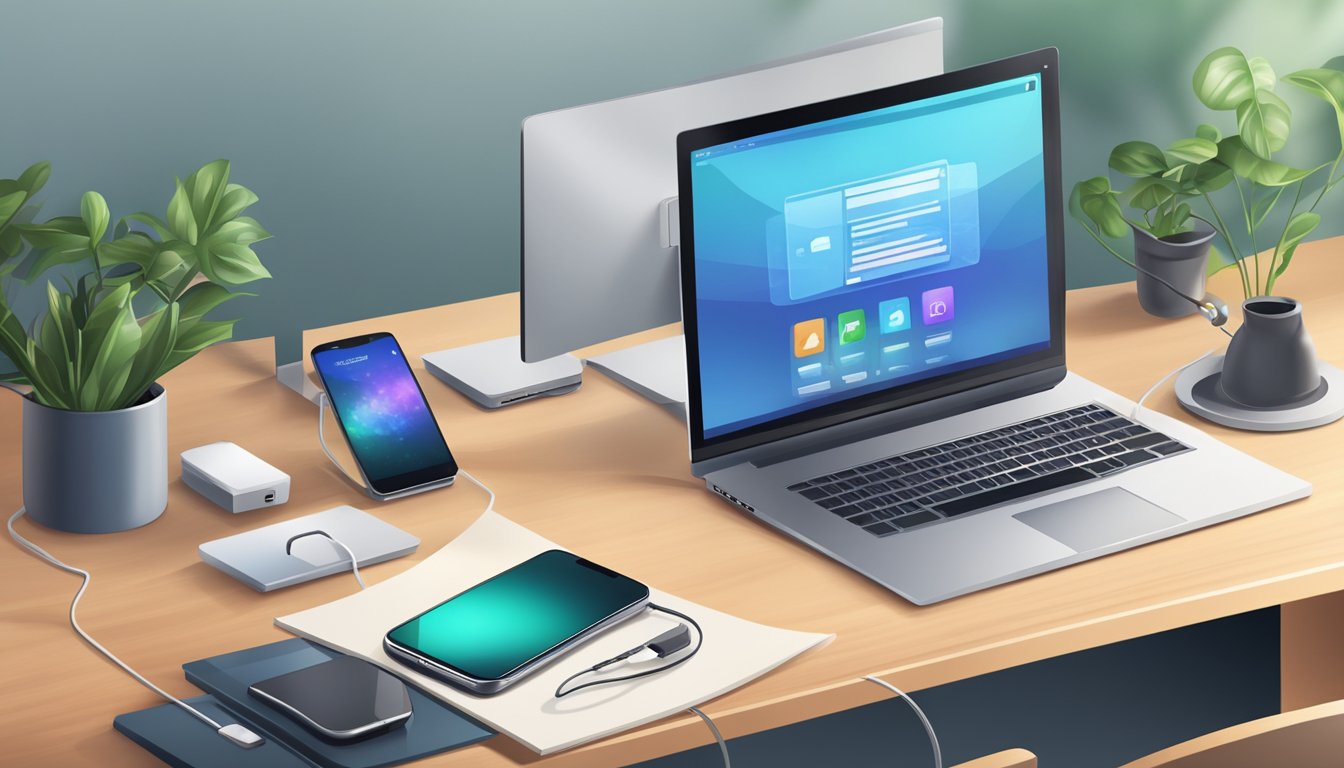 A desk with a computer, external hard drive, and smartphone. Software icons for photo organization displayed on the computer screen