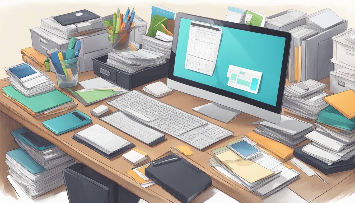A cluttered desk with scattered papers and electronic devices, alongside neatly organized folders and labeled storage boxes for digital files