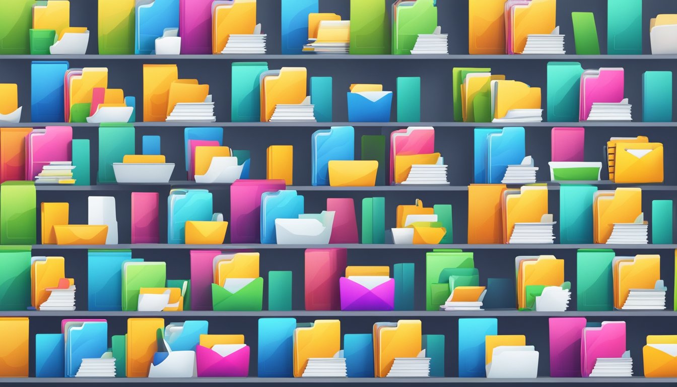 Digital files being automatically organized into folders by virtual tools. Colorful icons representing different file types. Clean and orderly desktop background