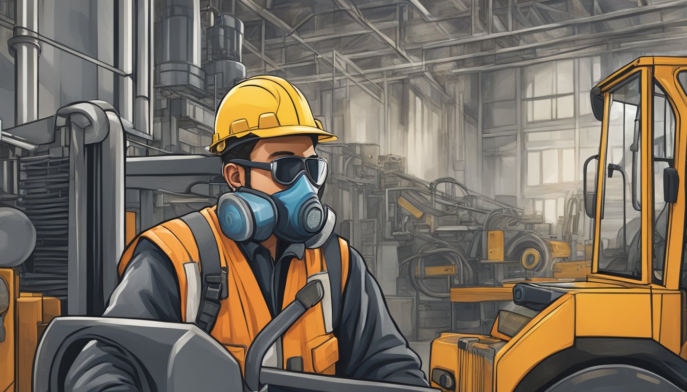 A factory worker wearing protective gear while operating heavy machinery in a noisy industrial setting
