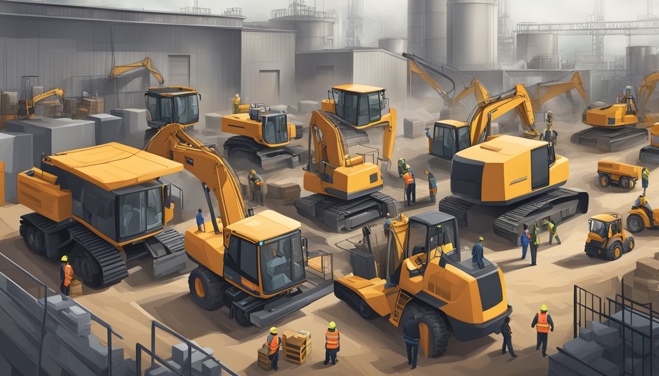 A busy industrial site with workers in protective gear, operating heavy machinery and equipment