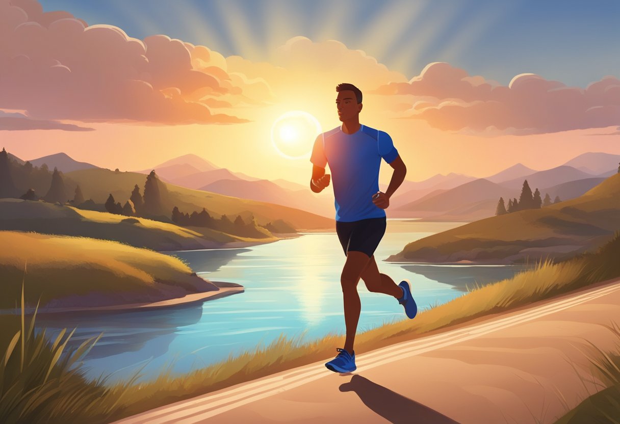 A runner follows a training plan, running on a path with a stopwatch and water bottle nearby. The sun is setting, casting a warm glow on the landscape