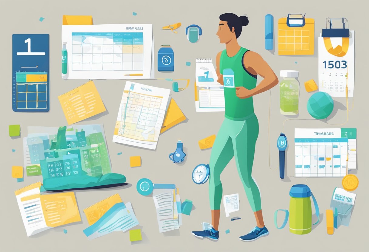 A runner sets goals for a half marathon, mapping out a 13-week training plan with a calendar, running shoes, and a water bottle