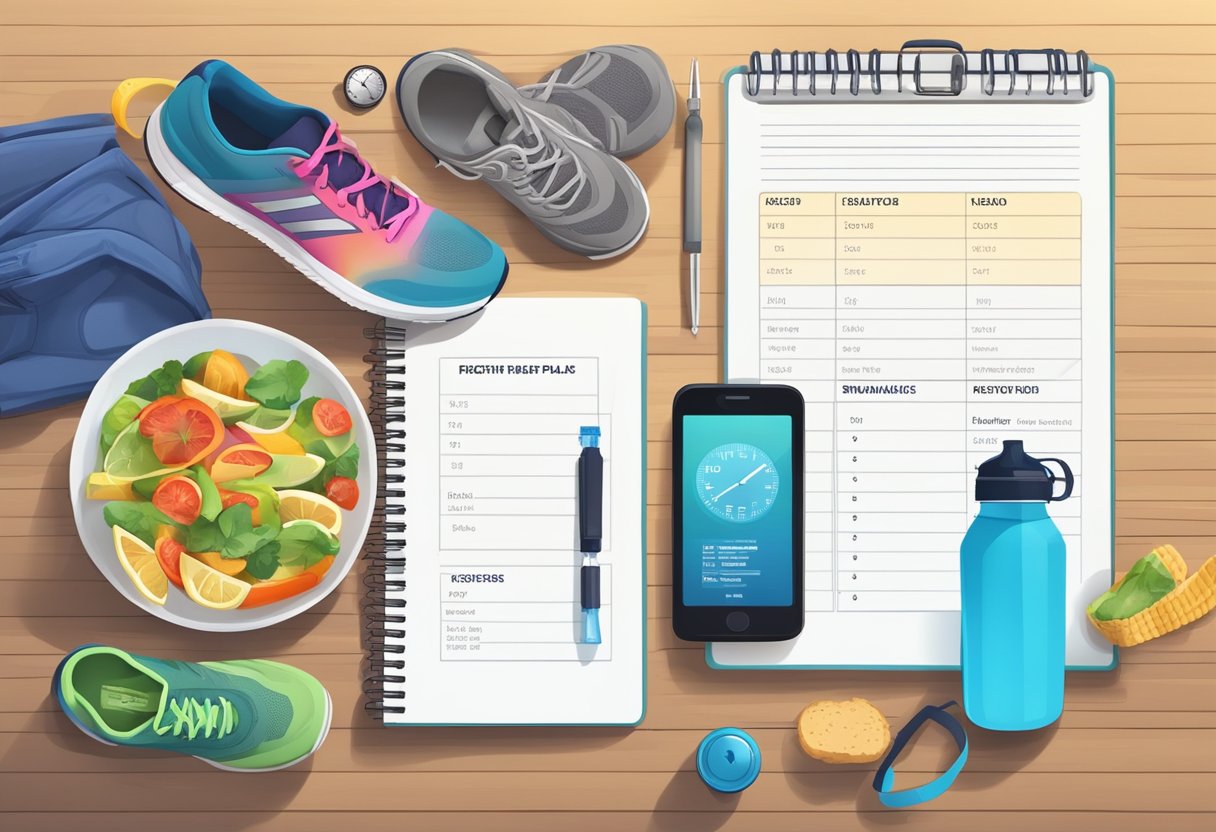 A table set with a balanced meal and a water bottle, surrounded by running shoes, a training plan, and a stopwatch