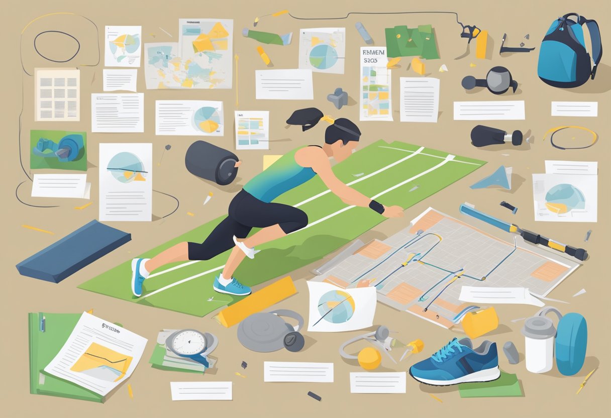 A runner stretches on a track, surrounded by exercise equipment and a timer. A training plan is pinned to a bulletin board