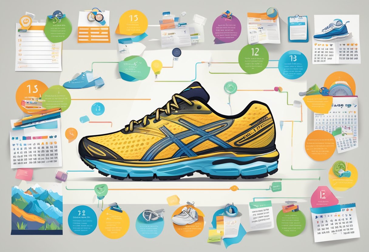 A colorful 13-week training plan with running shoes, a stopwatch, and a calendar, surrounded by motivational quotes and images of race routes