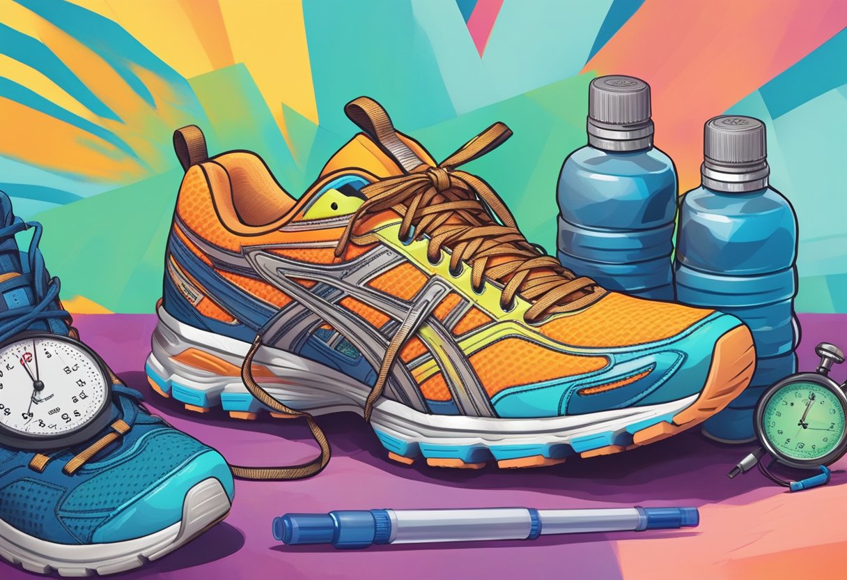 A pair of worn-out running shoes surrounded by a stack of training logs, a water bottle, and a stopwatch, all placed on a vibrant, energetic background