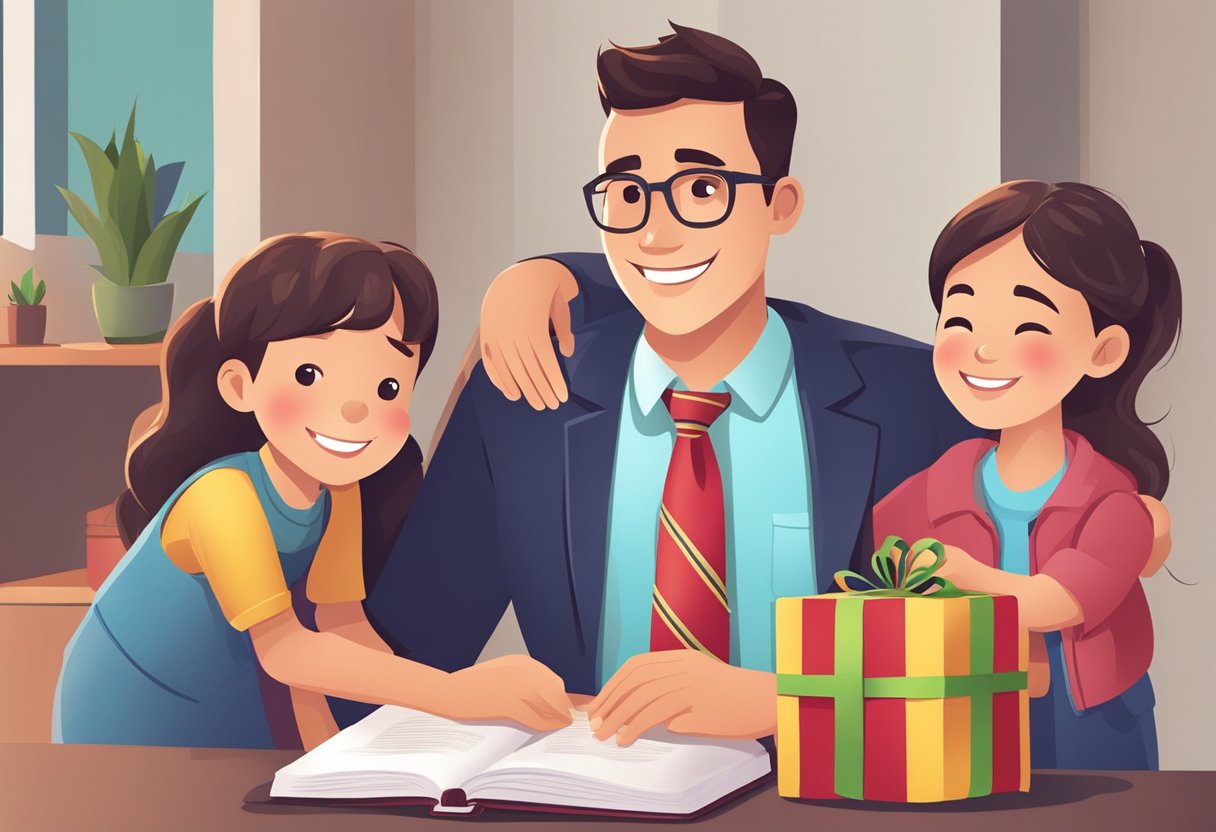 A father receiving gifts from his children, including a tie, tools, and a book. They are smiling and hugging