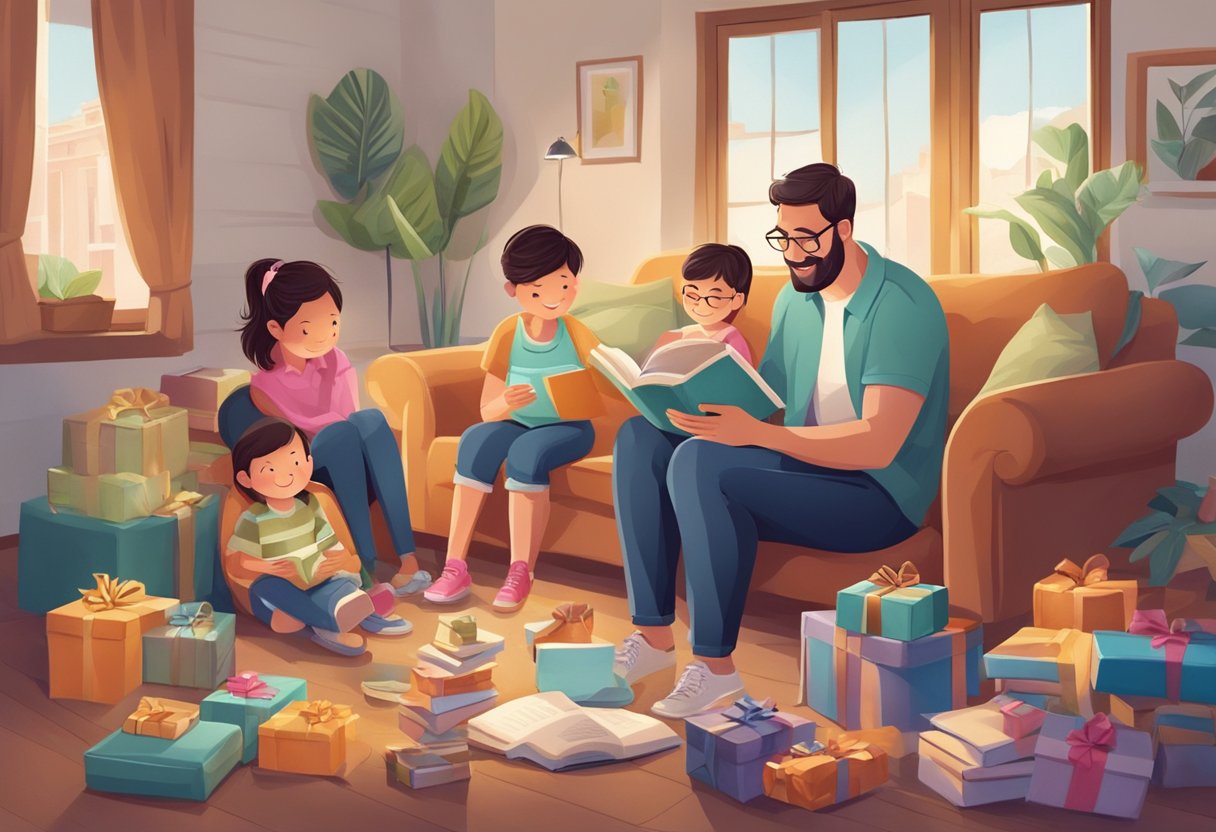 A father reading a book, surrounded by gifts and a loving family