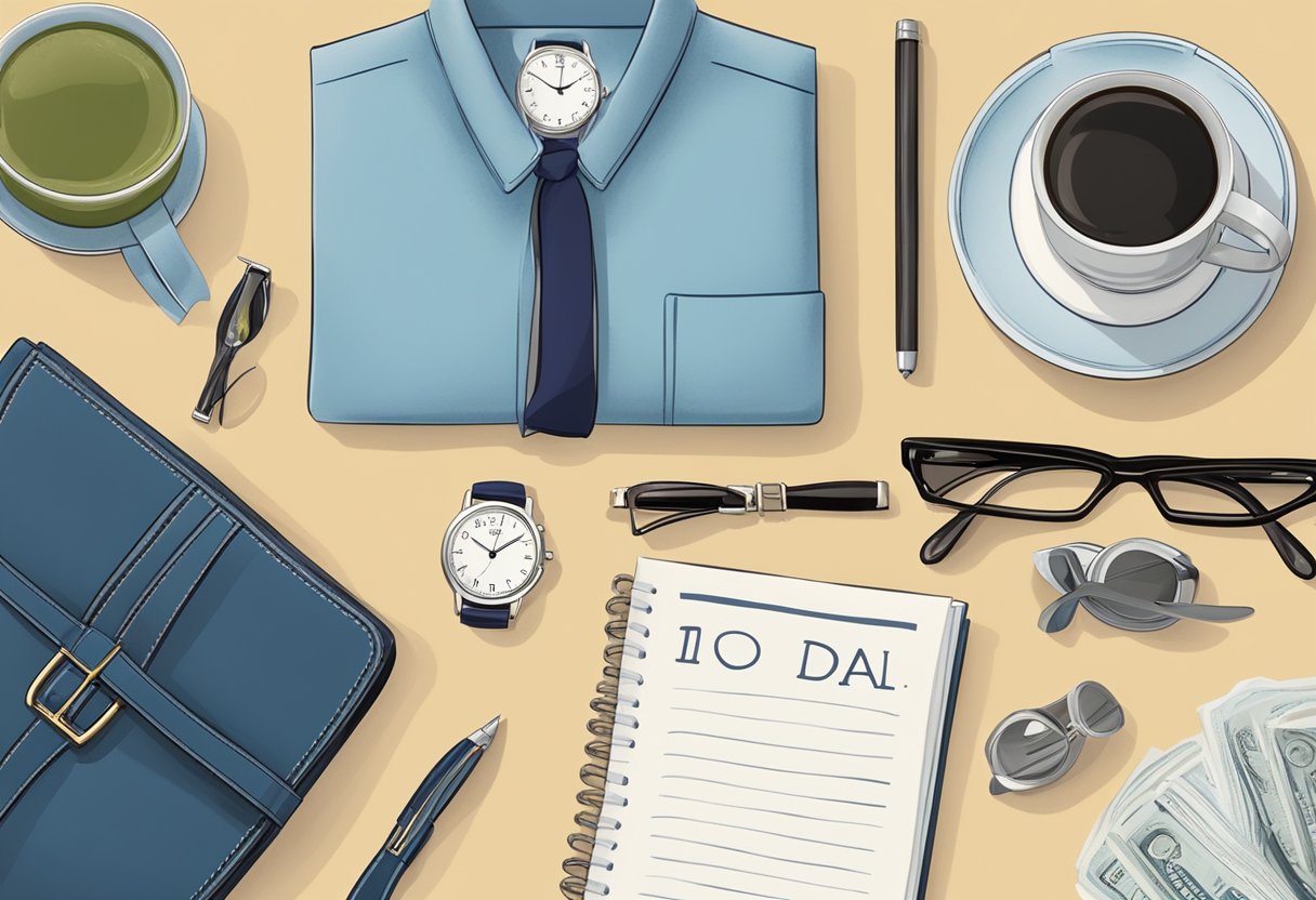 A table with 10 classic gift ideas for Father's Day. Items include a watch, tie, book, wallet, and mug. Background is neutral