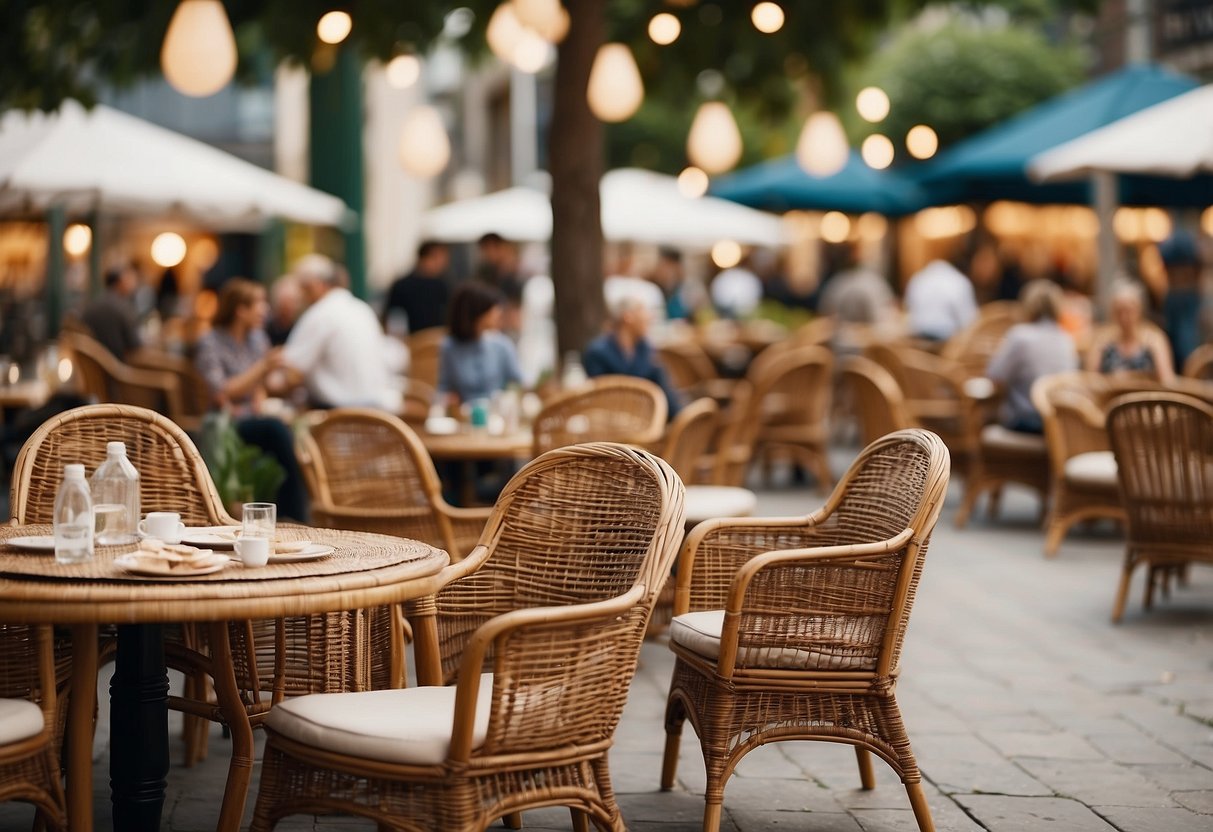 A stack of wicker chairs and tables with price tags, surrounded by customers browsing and a seller assisting