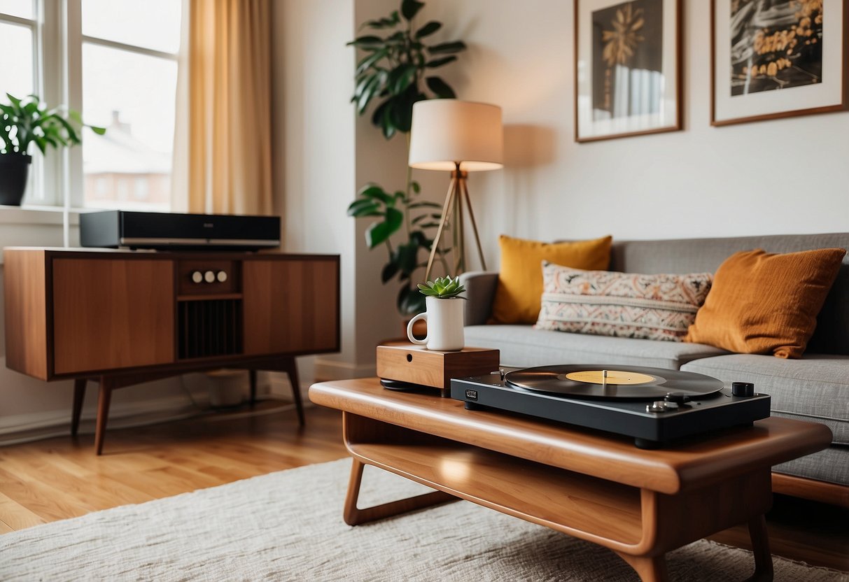 A cozy living room with vintage retro furniture: a tufted sofa, a mid-century coffee table, and a vinyl record player on a sleek sideboard
