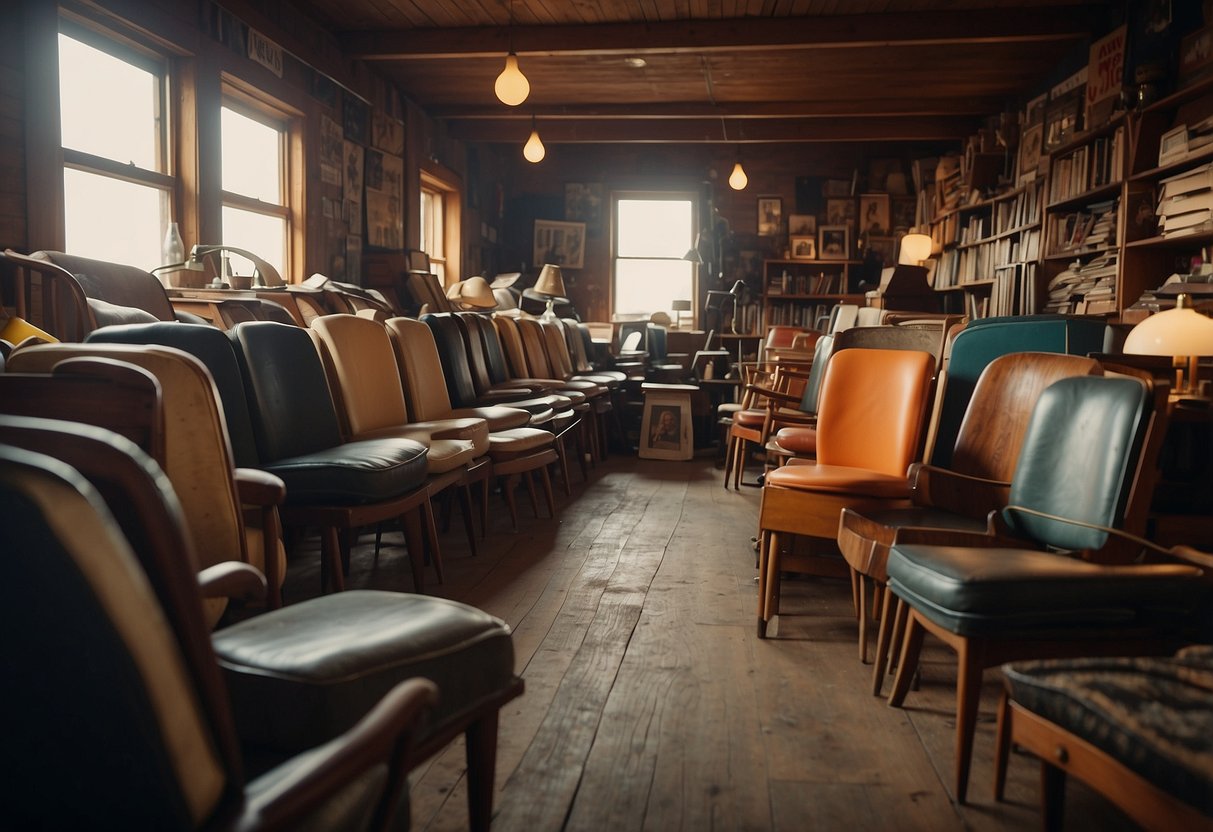 A cluttered attic filled with mid-century chairs, tables, and lamps. Dusty vinyl records and faded posters add to the nostalgic atmosphere