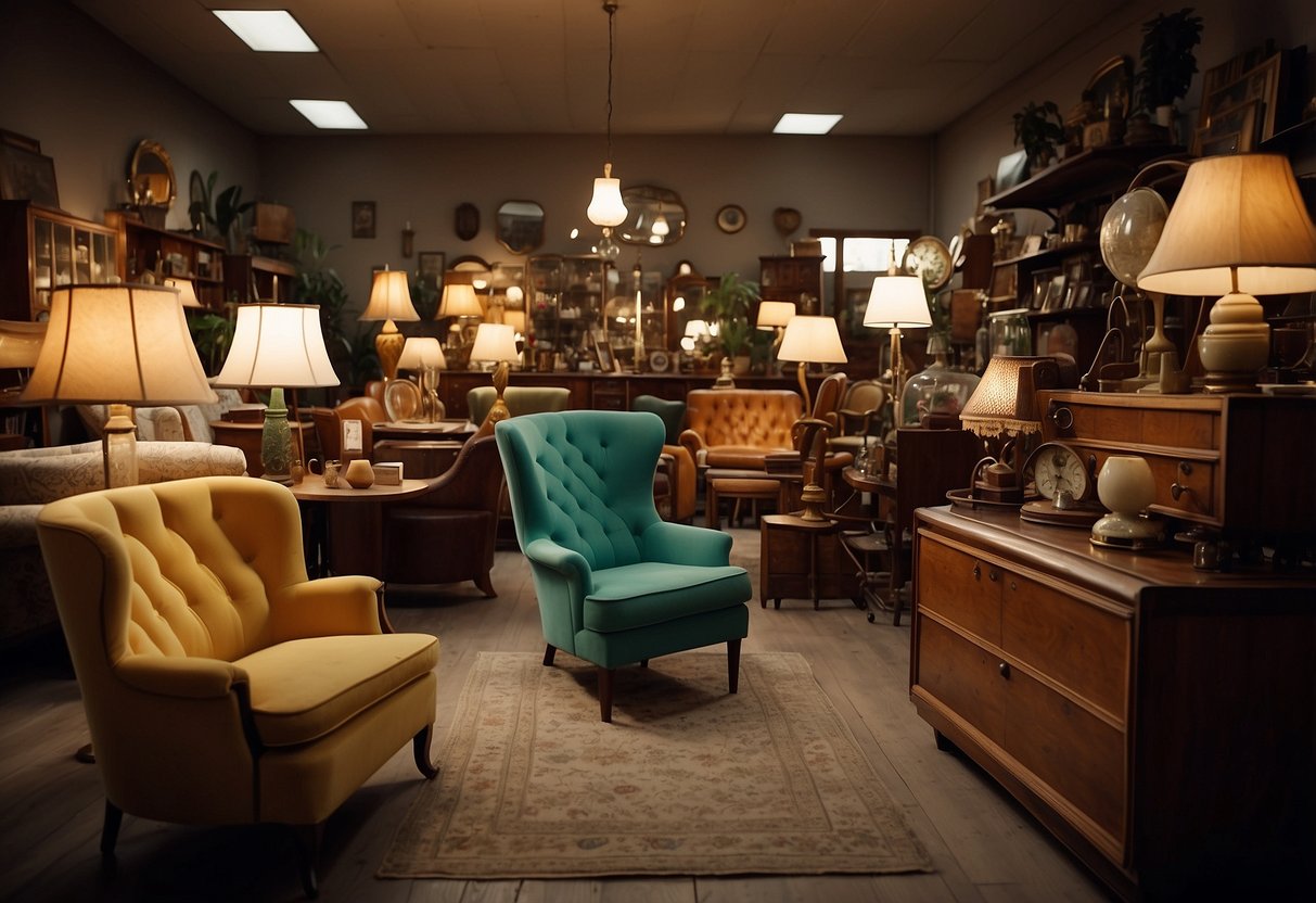 A cozy, cluttered vintage furniture store with old wooden dressers, colorful mid-century chairs, and retro lamps. Customers browse through the eclectic collection, admiring the unique pieces