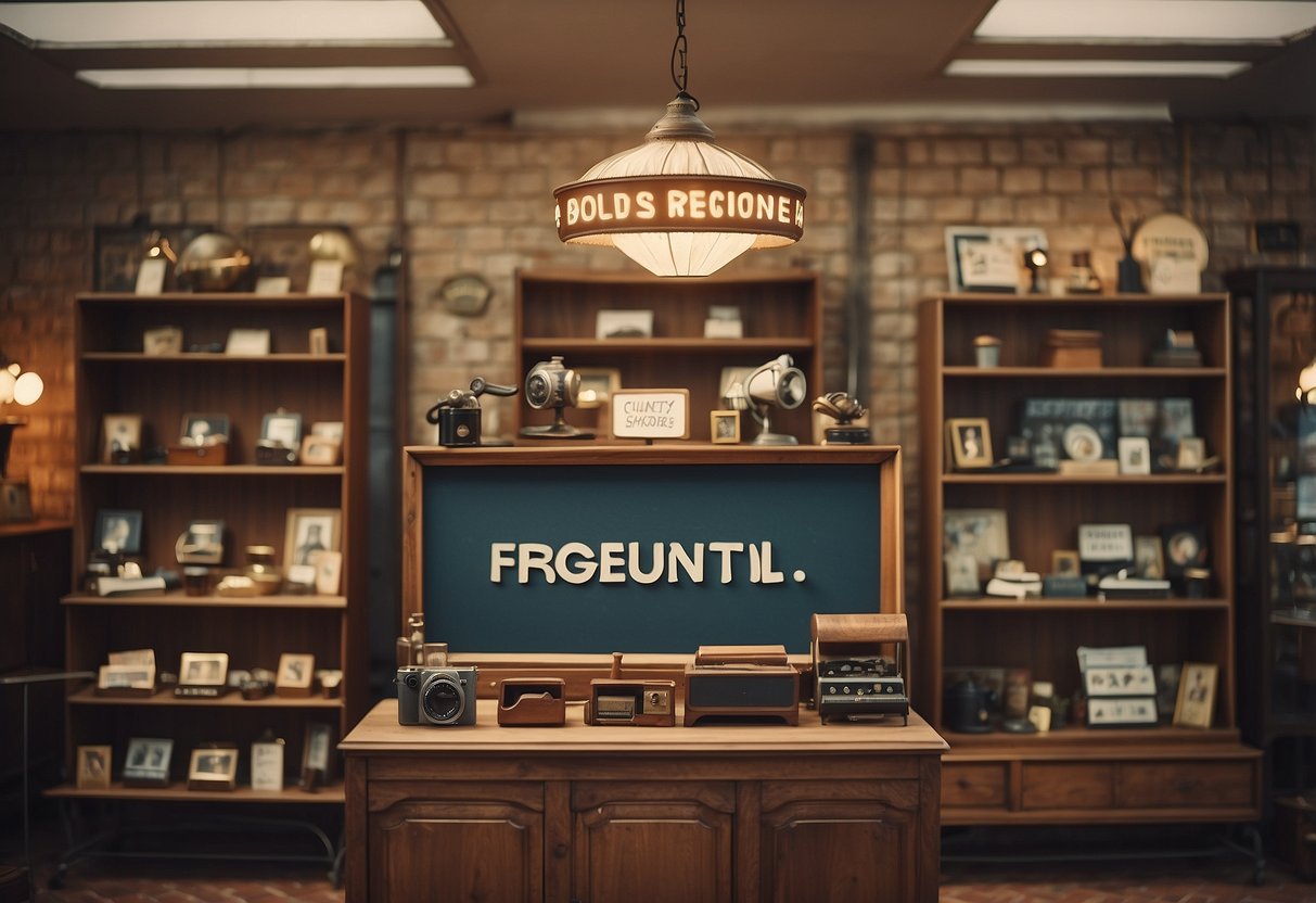 A vintage store display with retro furniture items arranged neatly, with a sign reading "Frequently Asked Questions" in bold vintage lettering