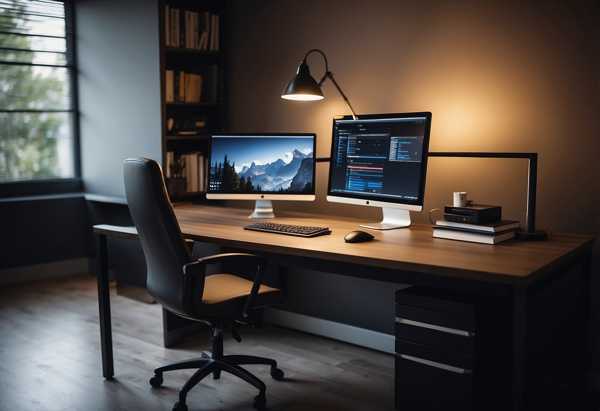 A sleek desk with a modern computer monitor, keyboard, and mouse. A comfortable office chair sits in front of the desk, with a stylish lamp and a stack of books nearby