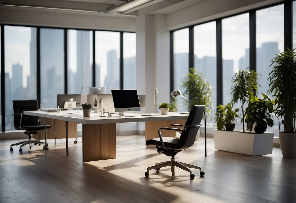 A modern office space with sleek, minimalist interface furniture. Clean lines, neutral colors, and ergonomic designs create a stylish and functional environment