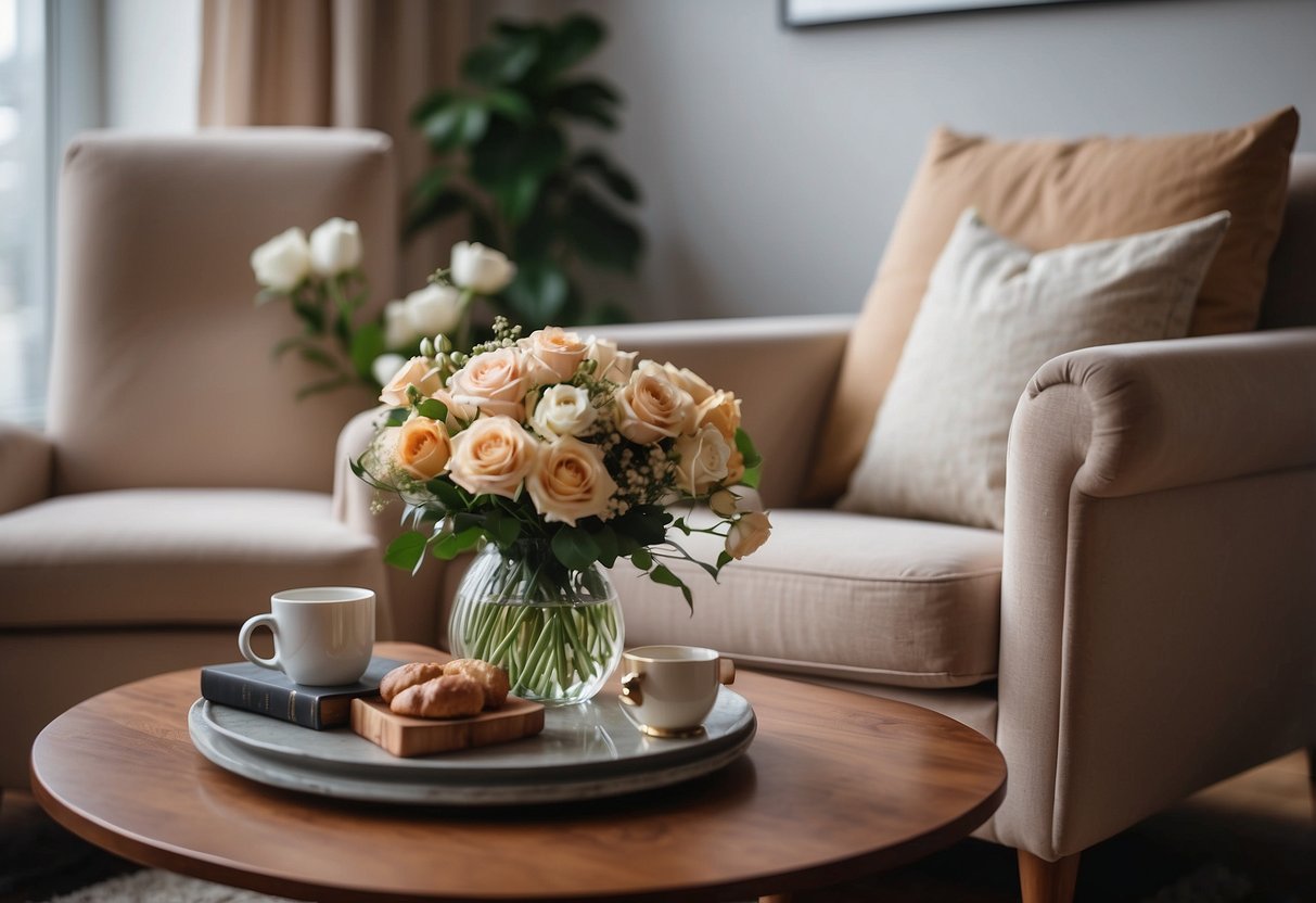 A cozy armchair sits beside a sleek coffee table, adorned with a vase of fresh flowers. The room is bathed in warm, natural light, creating a serene and inviting atmosphere