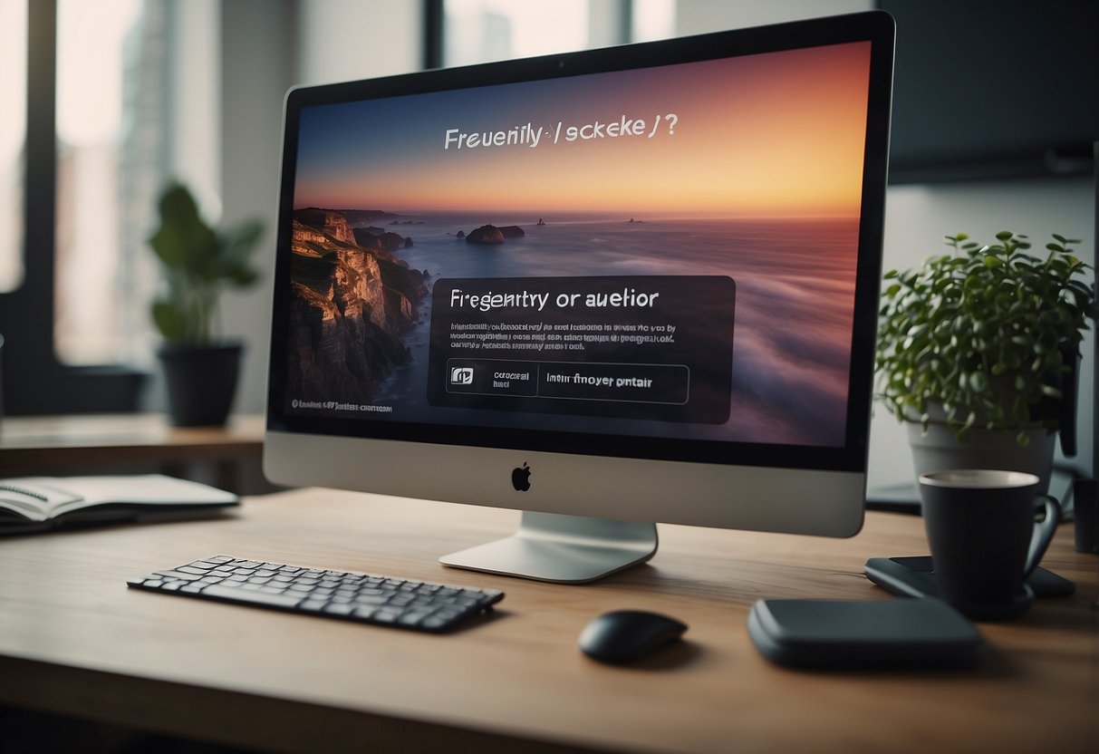 A computer screen displaying a "Frequently Asked Questions" interface with a desk and chair in the background