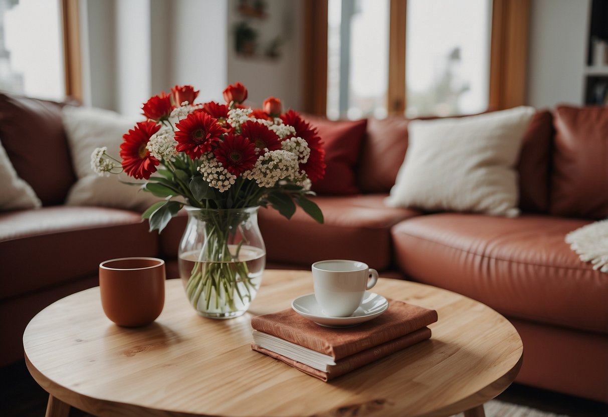 A cozy living room with red furniture, adorned with cream-colored throw pillows and a matching rug. A vase of fresh flowers sits on a nearby table