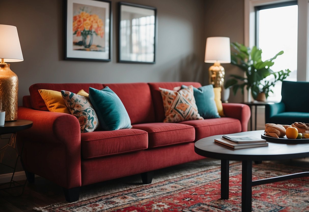 A cozy living room with red furniture, adorned with colorful throw pillows, a patterned rug, and a unique art piece on the wall
